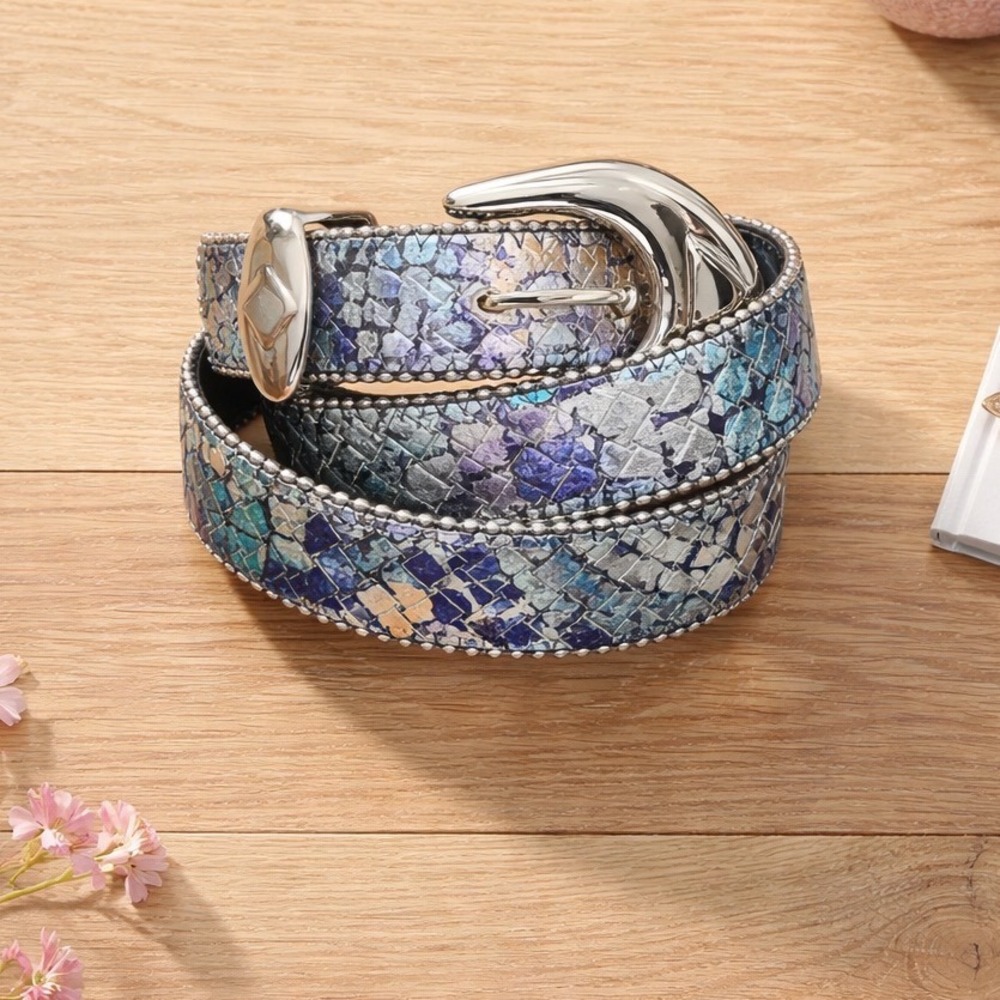 Cordani Blue Purple Snakeskin Embossed Leather Belt Silver Ball Chain Trim 32